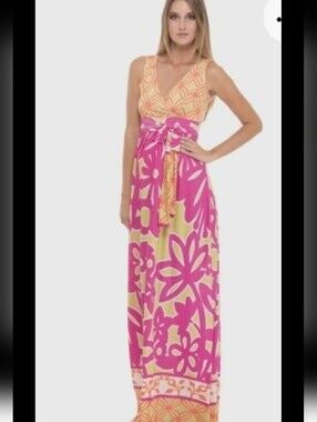 Olian V-Neck Maternity Beachy Costal Maxi Floral Print Sleeveless Dress XS